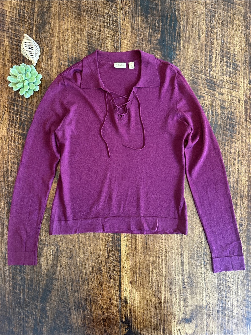 Caslon | Burgundy Wine Knit Lace-Up Johnny Collar Pullover Sweater, Size M